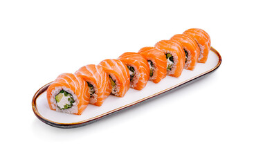 Delicious salmon sushi rolls arranged elegantly on a long serving plate