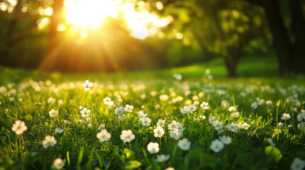 Obraz premium A sunlit meadow filled with blooming white flowers and lush green grass.