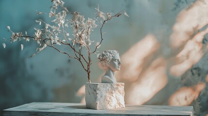 Bust sculpture with delicate tree branches in soft light