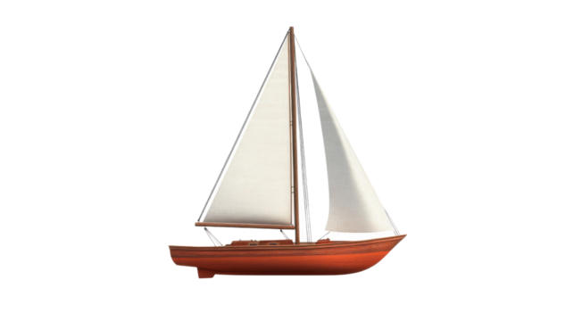 Classic wooden sailing boat with white sails navigating on transparent background