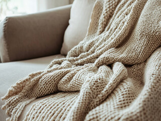 Cozy knitted blanket draped elegantly over a soft beige sofa in a warm living room