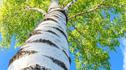 Low-angle view of a birch tree with vibrant green leaves against a clear blue sky.