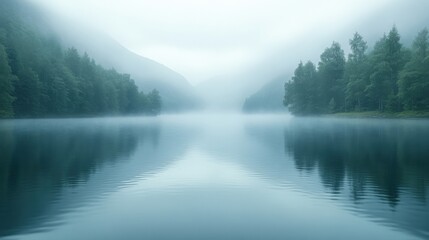 Fototapeta premium Misty Lake Surrounded by Mountains During Early Morning Hours. Generative AI