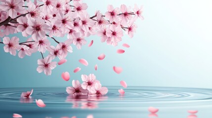 Pink cherry blossoms falling on calm water, spring serenity, background blur, spa ad