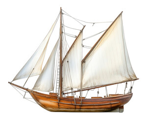 Obraz premium traditional wooden sailboat with billowing white sails, showcasing craftsmanship and maritime beauty. sails catch wind, creating sense of adventure and tranquility on water