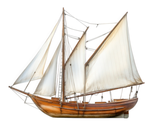 traditional wooden sailboat with billowing white sails, showcasing craftsmanship and maritime beauty. sails catch wind, creating sense of adventure and tranquility on water