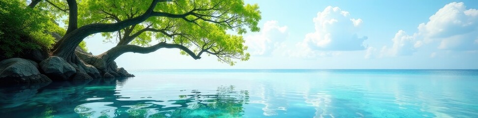 Branches sway in the gentle breeze over crystal waters, reflection, sky