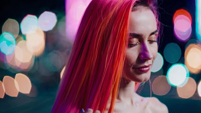 A mid-range portrait emphasizing the contrast between her bright hair and a faint, multi-colored bokeh from the city&rsquo;s neon signs.