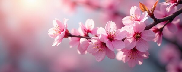 Obraz premium Breeze rustling through the branches of blooming cherry blossoms, blooming flowers, blowing leaves, cherry blossoms