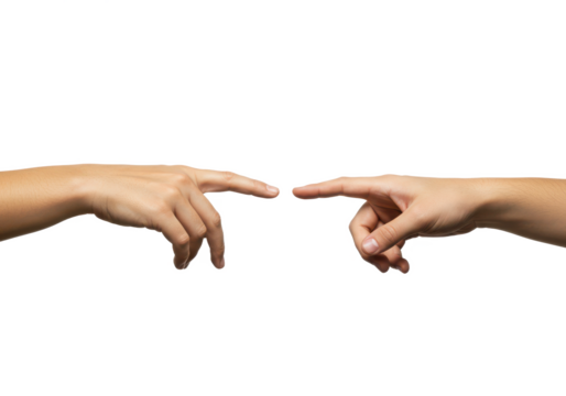 Two human hands reaching out to each other, with index fingers almost touching, isolated on a white background