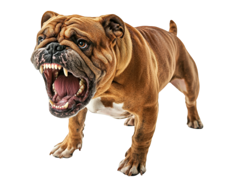 barking bulldog with its wrinkles showing stubbornness and fierce expression. This powerful dog stands confidently, showcasing its muscular build and strong presence