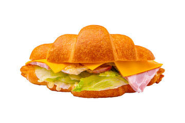 Delicious croissant sandwich filled with ham, cheese, and fresh vegetables creates an inviting breakfast or lunch option