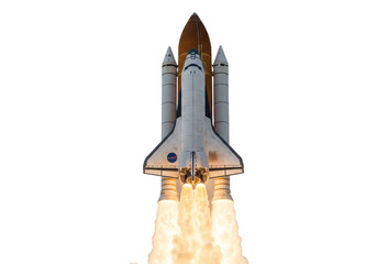 A space shuttle launching with fiery thrust from its engines, isolated on a white background