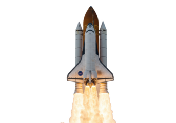 A space shuttle launching with fiery thrust from its engines, isolated on a white background