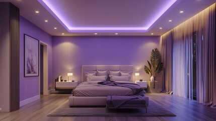 Elegant modern bedroom featuring statement ceiling design with purple lighting and soft furnishings