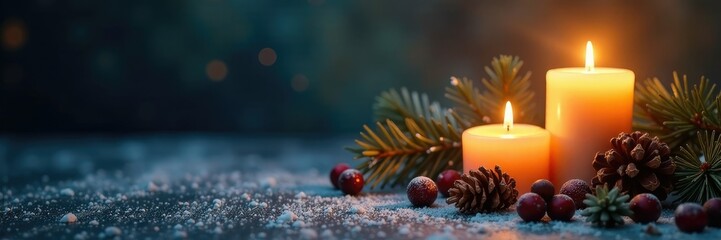 Candlelit vignette amidst snowflakes and pinecones, warm, seasonal decorations, festive