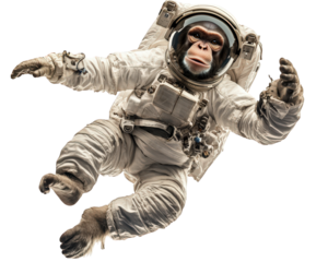 monkey in astronaut gear floating in zero gravity, showcasing playful and adventurous spirit. scene captures wonder of space exploration