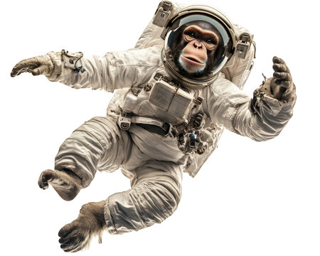 monkey in astronaut gear floating in zero gravity, showcasing playful and adventurous spirit. scene captures wonder of space exploration
