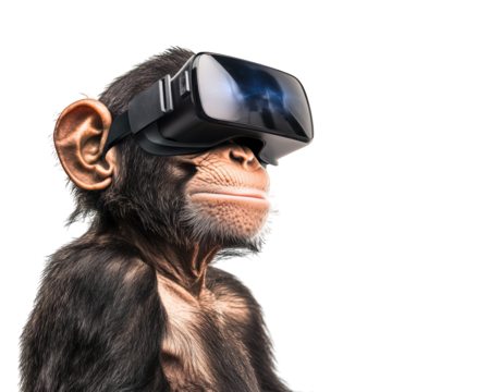 monkey wearing virtual reality goggles, exploring digital world with curiosity and wonder. This unique scene captures intersection of nature and technology