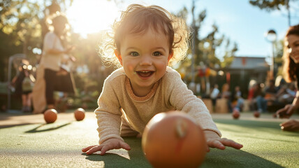 Fototapeta premium A baby is playing with a ball on a green surface