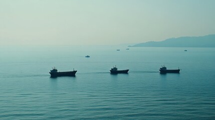 Three cargo ships sailing on calm ocean waters near coastline.