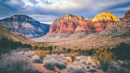 Obraz premium Majestic red rock canyon landscape at sunset, showcasing diverse desert flora and dramatic rock formations under a partly cloudy sky.