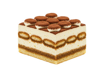 A slice of creamy tiramisu cake with layers of mascarpone and coffee-soaked sponge, dusted with cocoa powder, isolated on a white background