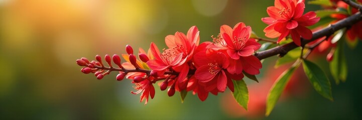 Obraz premium Clusters of red flower buds on Photinia branches in sunlight, botanical, branch, floral