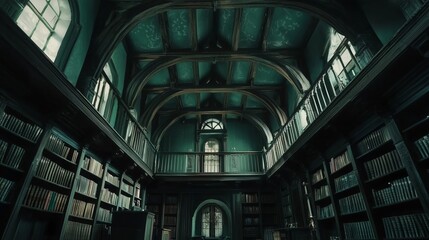 Interior design showcasing statement ceilings in a historic library with dark wooden shelves and tall windows