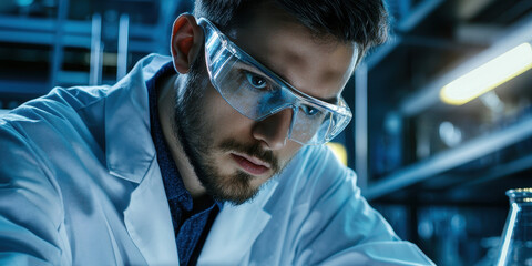 Young scientist focused on research in a laboratory during nighttime
