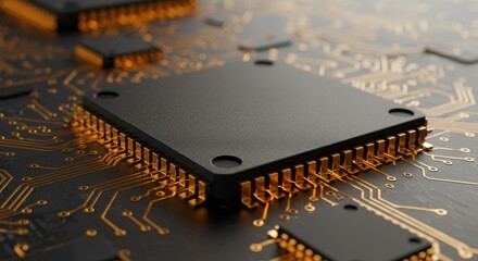 High-angle close-up of a glowing microchip with visible transistors and circuits representing advanced AI hardware