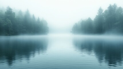 Fototapeta premium Fog Envelops a Tranquil Lake Surrounded by Trees at Dawn. Generative AI