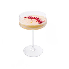 Refreshing dessert cocktail with raspberry garnish served elegantly in a stemmed glass