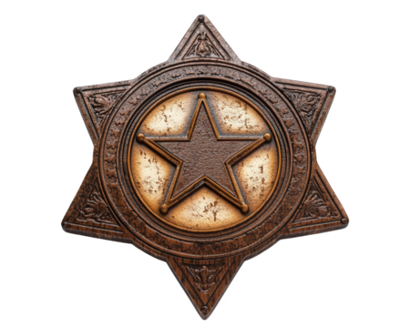 Vintage sheriff badge with star design, featuring rustic texture and intricate details. This emblem represents law enforcement and authority in classic style