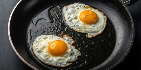 Fried Eggs in a Black Pan - Top View for Breakfast Presentation