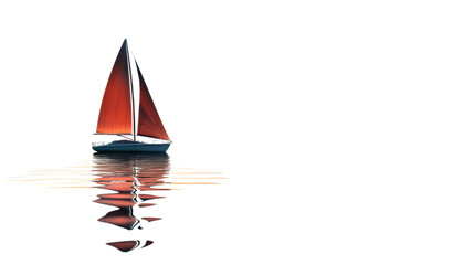 Small sailing boat with red sail reflecting on calm water with transparent background