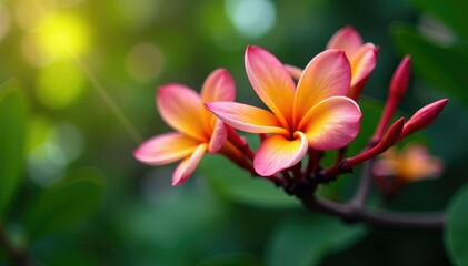 Fototapeta premium colorful frangipani flowers on a long thin stem, frangipani, tropical tree
