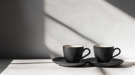 Obraz premium Minimalist black coffee cups on table with dramatic shadows