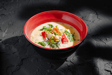 Delicious soup served in a vibrant red bowl featuring fresh vegetables and shrimp against a textured dark background at lunchtime