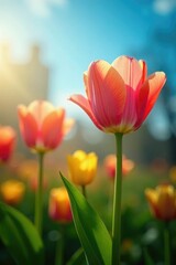 Obraz premium Colorful tulips swaying gently in the spring breeze, Tulip, Breeze