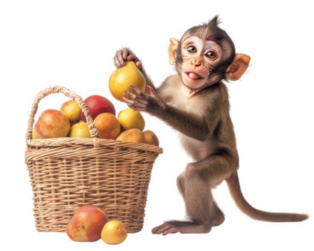 cheeky monkey playfully stealing fruit from basket, showcasing its mischievous nature and curiosity. scene captures delightful moment of animal behavior