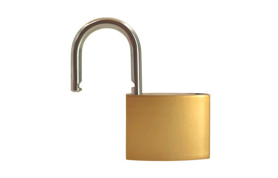 Photo of a heavy-duty 38mm iron brass padlock with an unlocked shackle, isolated on white background. Conceptual image.