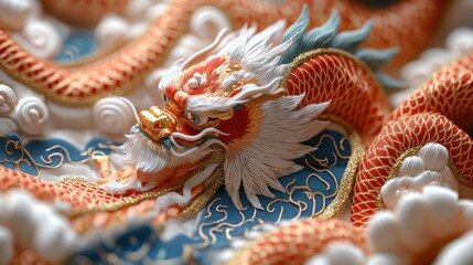 Naklejka premium Vibrant Dragon Embroidery With Intricate Design | Generative AI
