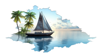 Sailboat moored near tropical island at sunset with transparent background