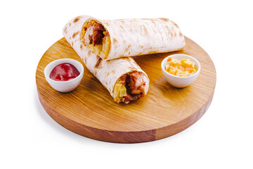 Delicious wraps filled with savory ingredients served with two dipping sauces on a wooden platter