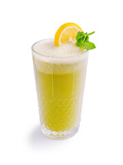 Refreshing citrus beverage with mint leaves served in a tall glass on a white background during the daytime