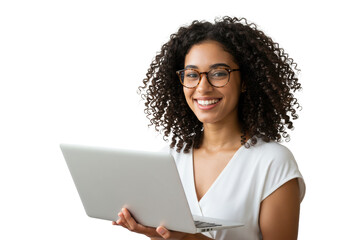 A smiling woman with curly hair wearing glasses, holding a laptop, isolated on a white background