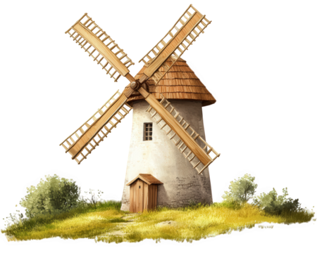 traditional windmill with wooden blades stands in grassy field, surrounded by lush greenery, showcasing classic European architecture and charm