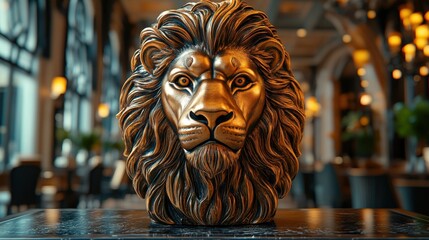 Golden Lion Sculpture in an Elegant Restaurant Interior. Generative AI