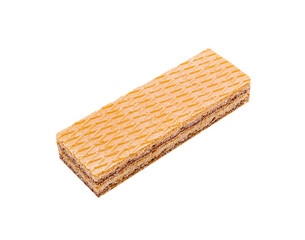 Crunchy wafer filled with creamy hazelnut spread on a white background